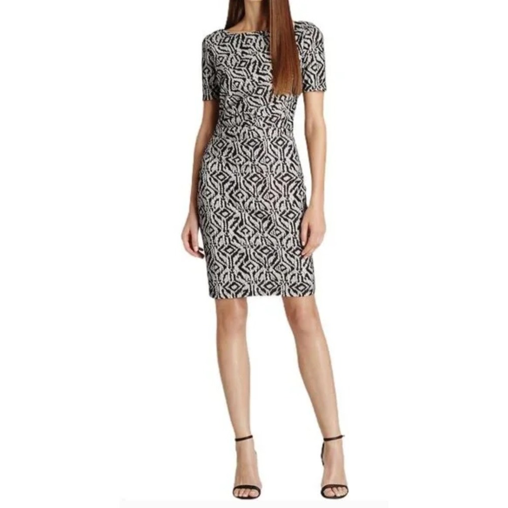 Reiss Janella Bonded Lace Dress Short Sleeve Black Cream Ruched sz US 8